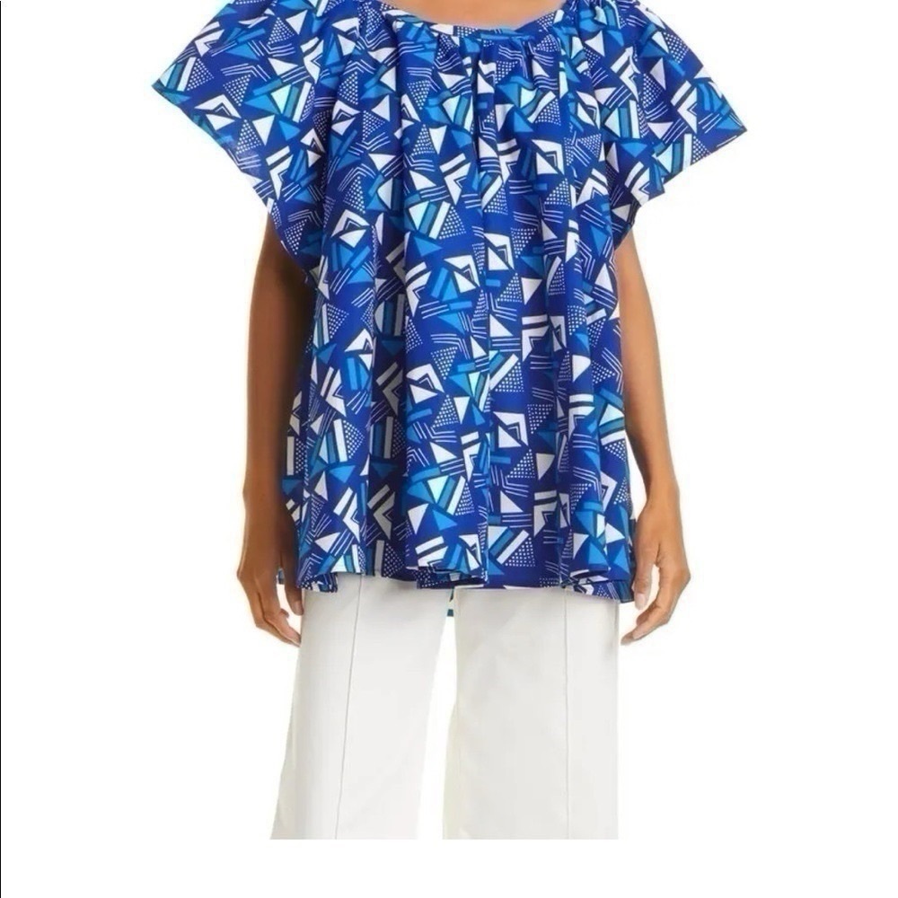 NEW The Oula Company One Size Geo Print Cotton Popover Top Blue OS